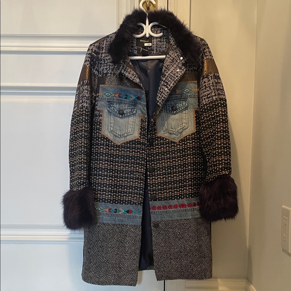 Desigual Women's Multicolor Patterned Coat with Fur Trim